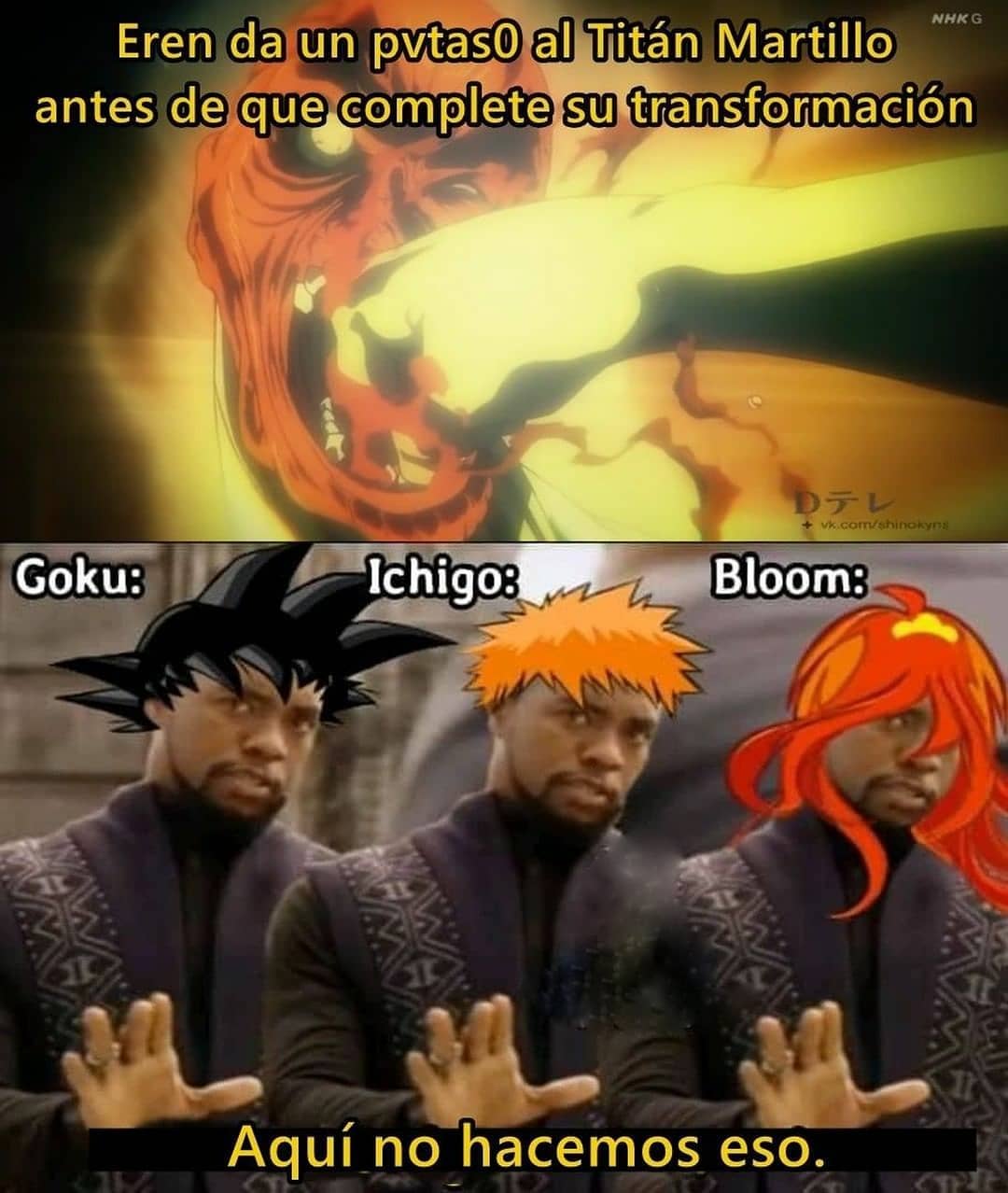 Eren da un pvtas0 al Titán Martillo antes de que complete su transformación.  Goku:  Ichigo:  Bloom:  Aquí no hacemos eso.