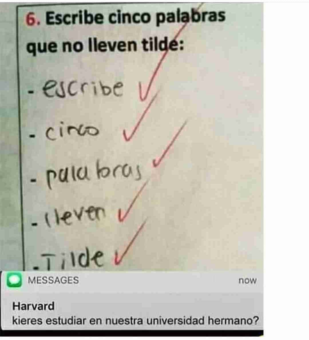 Escribe cinco palabras que no lleven tilde:  Escribe. Cinco. Palabras. Lleven. Tilde.  Harvard: kieres estudiar en nuestra universidad hermano?