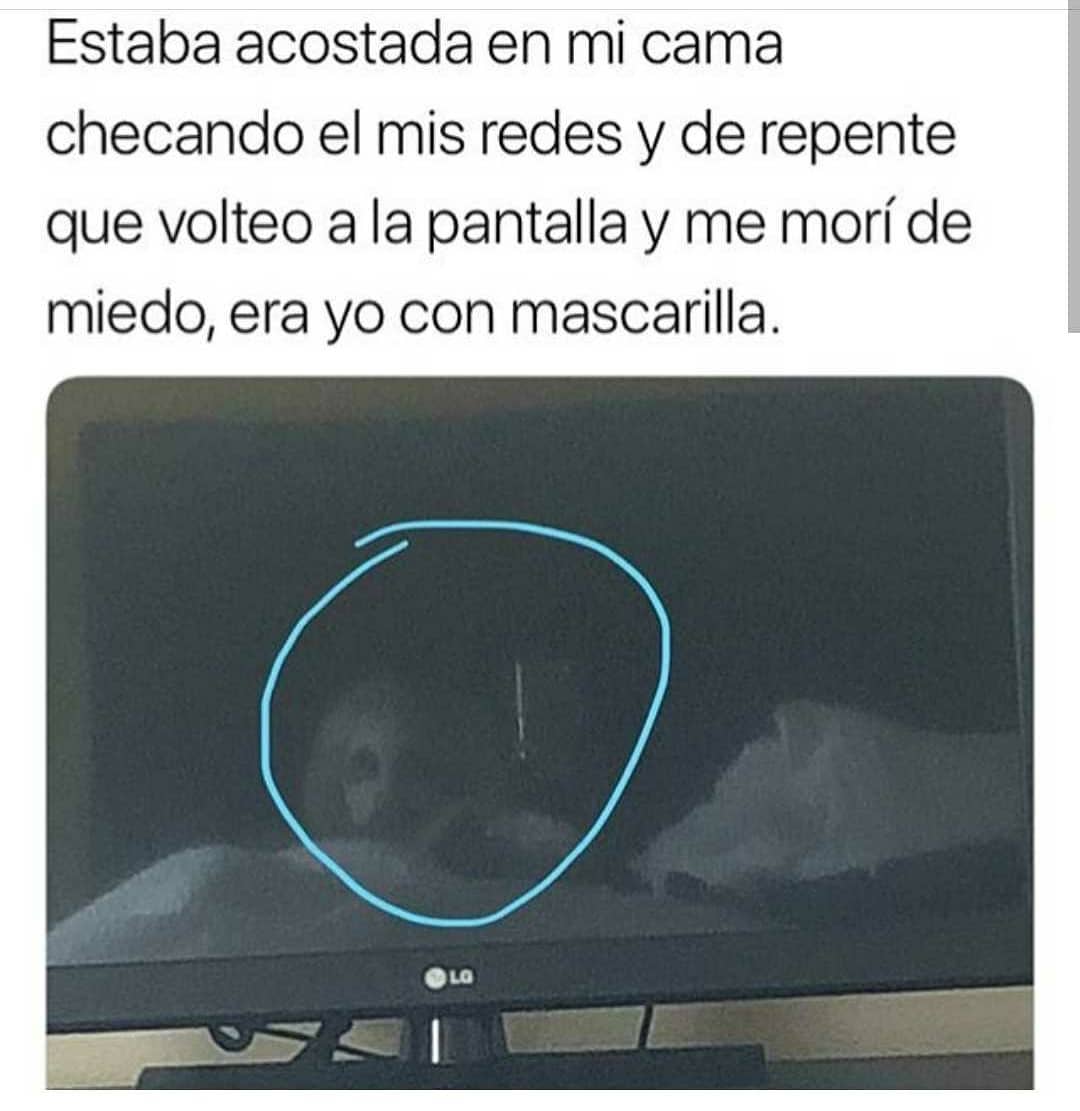 Estaba acostada en mi cama checando el mis redes y de repente que volteo a la pantalla y me morí de miedo, era yo con mascarilla.