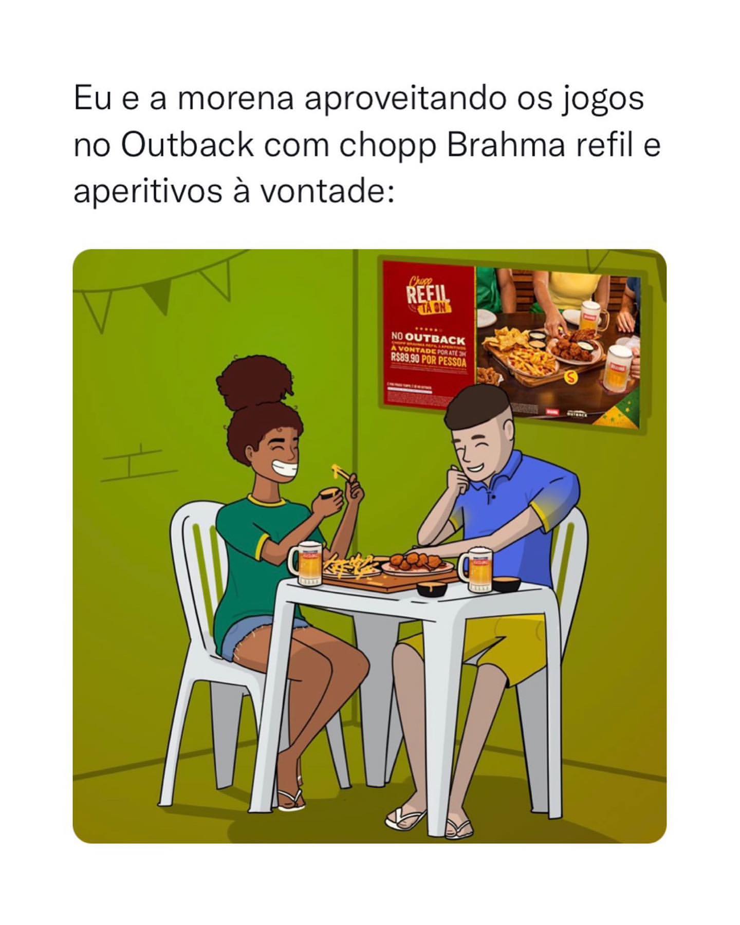 Eu e a morena aproveitando os jogos no Outback com chopp Brahma refil e aperitivos à vontade: