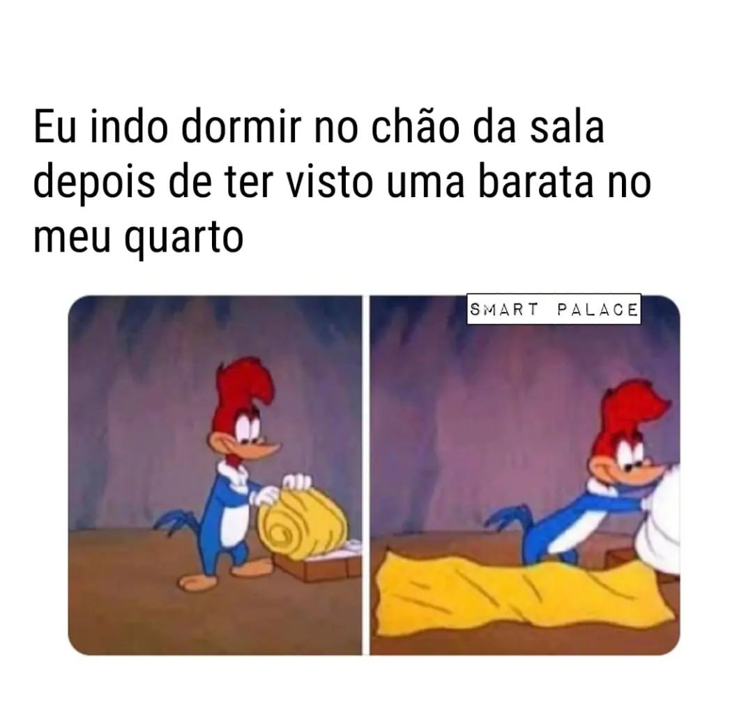 Eu indo dormir no chão da sala depois de ter visto uma barata no meu quarto.