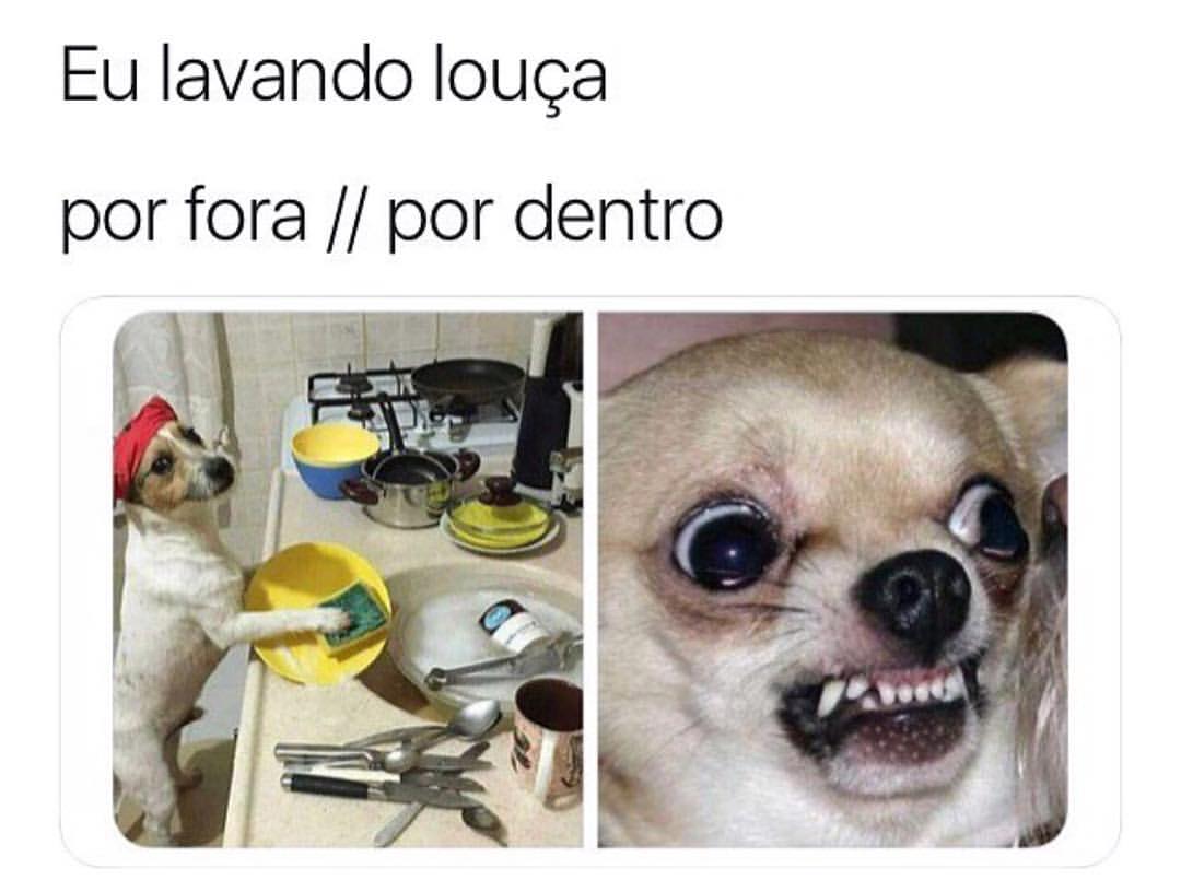 Eu lavando louça por fora // por dentro.