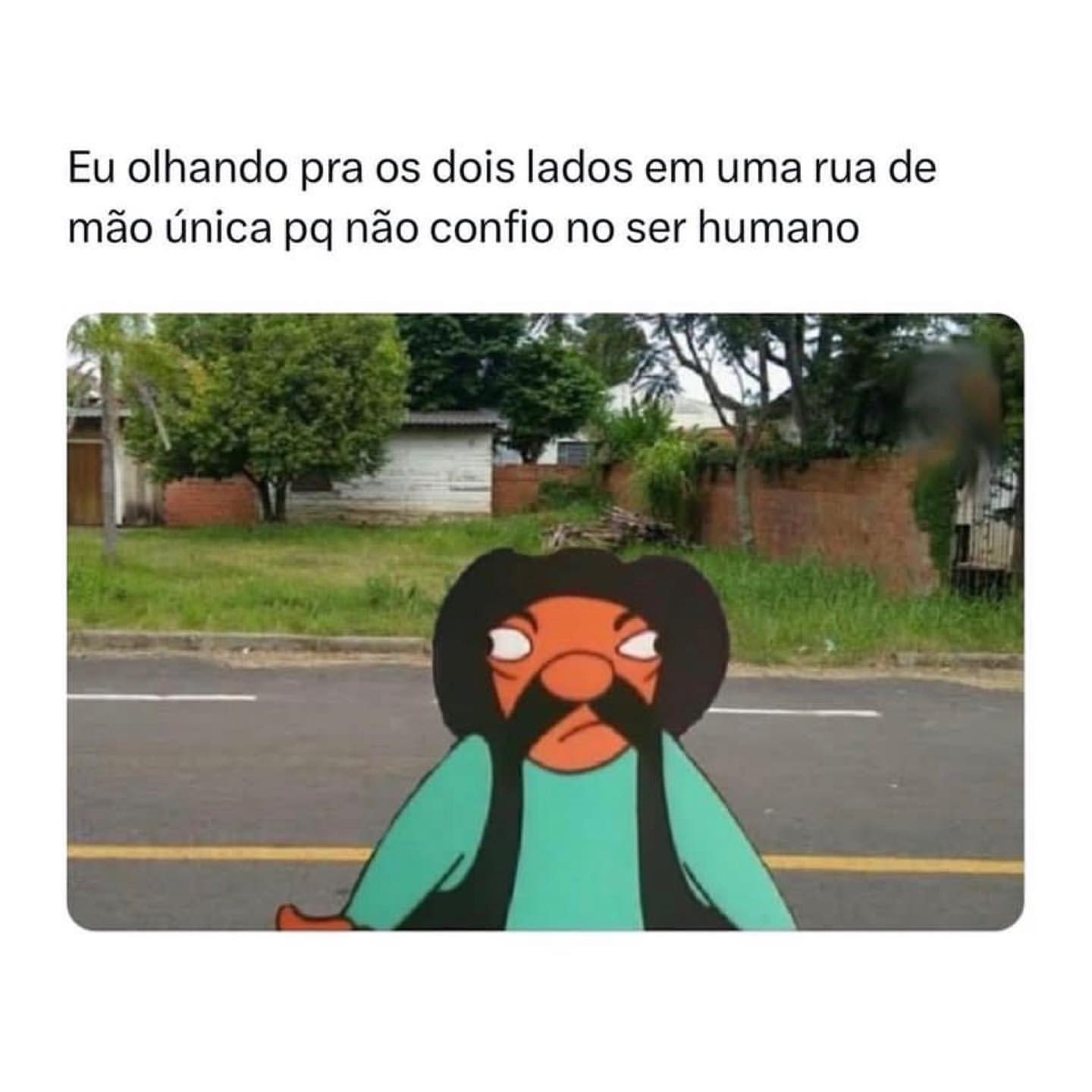 Eu olhando pra os dois lados em uma rua de mão única pq não confio no ser humano.