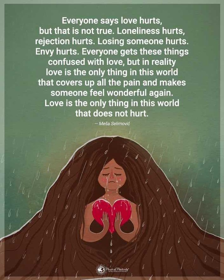 Everyone says love hurts, but that is not true. Loneliness hurts, rejection hurts. Losing someone hurts. Envy hurts. Everyone gets these things confused with love, but in reality love is the only thing in this world that covers up all the pain and makes someone feel wonderful again. Love is the only thing in this world that does not hurt.
