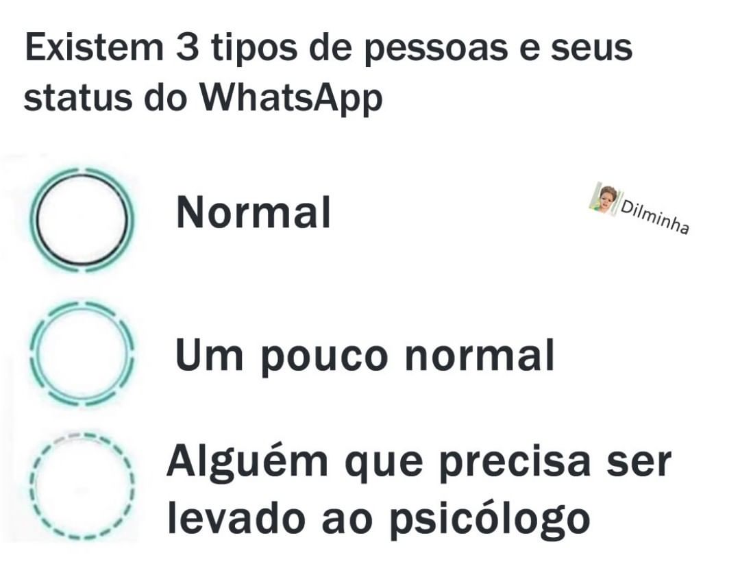 Existem 3 tipos de pessoas e seus status do WhatsApp. Normal Um pouco normal. Alguém que precisa ser levado ao psicólogo.