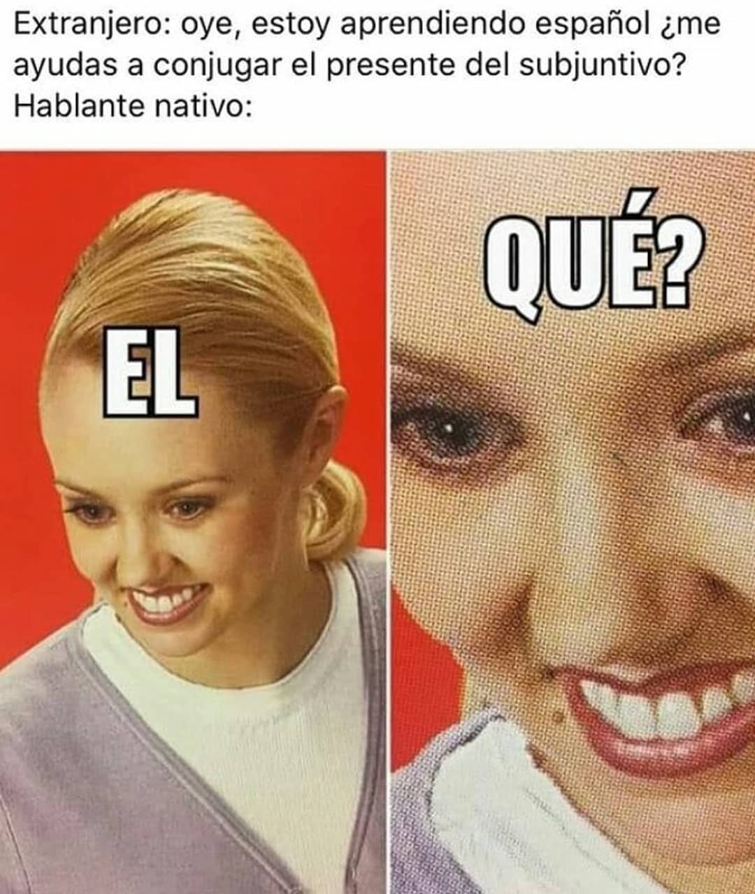 Extranjero: Oye, estoy aprendiendo español ¿Me ayudas a conjugar el presente del subjuntivo? Hablante nativo: El qué?