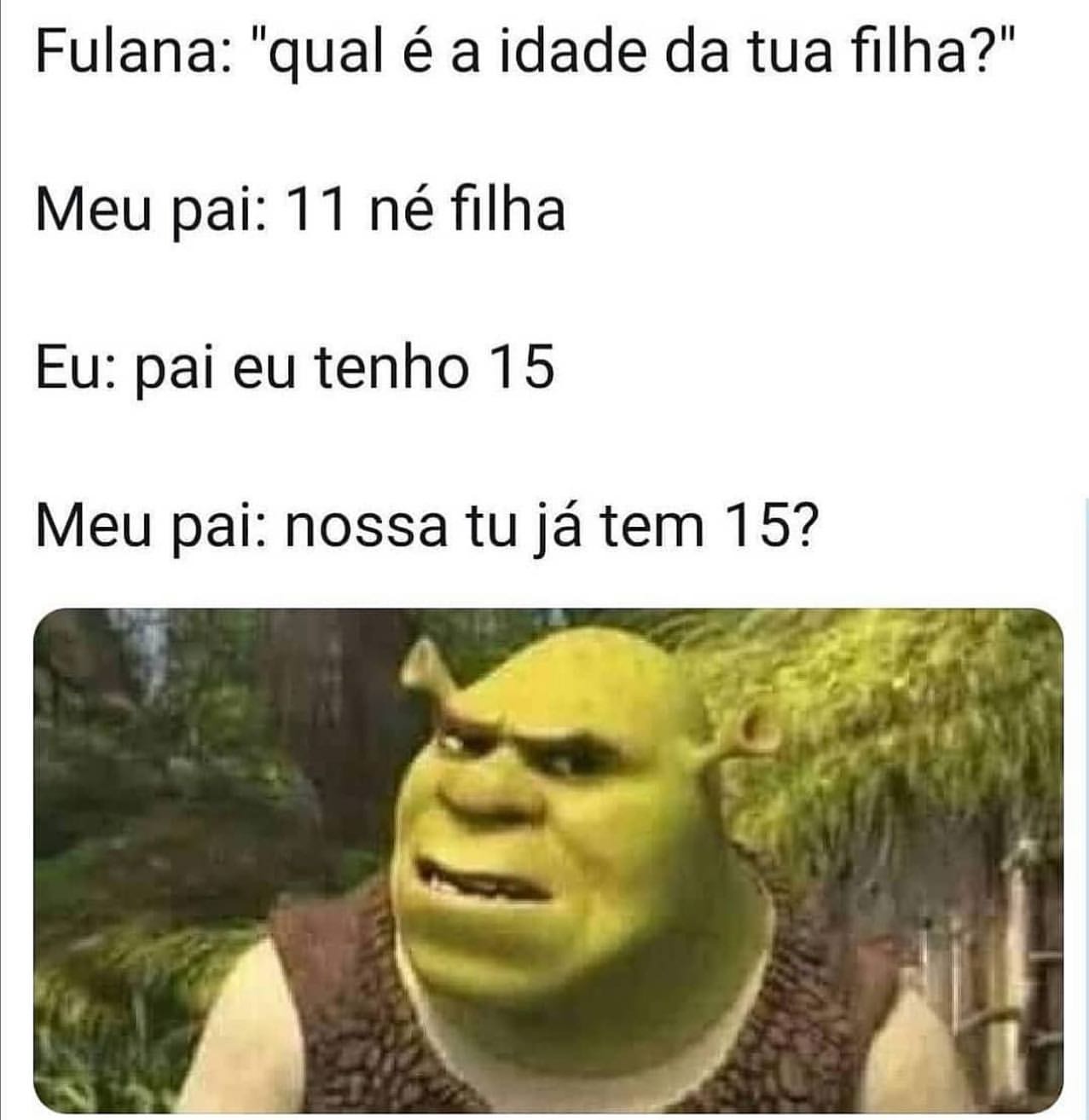 Fulana: "Qual é a idade da tua filha?" Meu pai: 11 né filha. Eu: Pai eu tenho 15. Meu pai: Nossa tu já tem 15?