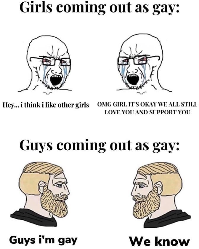 Girls coming out as gay: Hey... I think I like other girls. Omg girl it's okay we all still love you and support you. Guys coming out as gay: Guys I'm gay. We know.