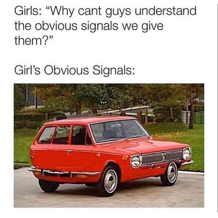 Girls: "Why cant guys understand the obvious signals we give them?"  Girl's Obvious Signals: