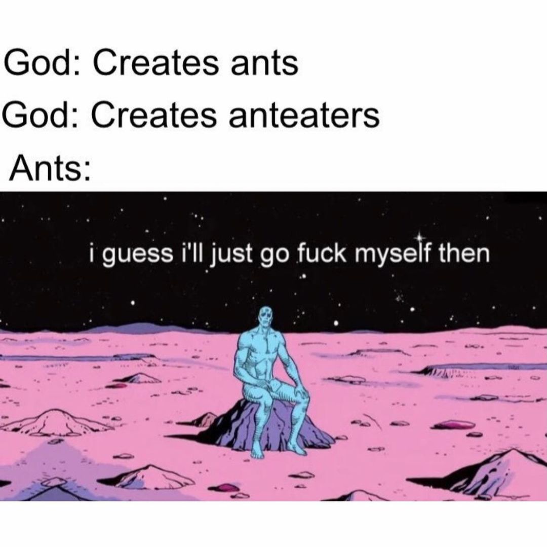 God: Creates ants. God: Creates anteaters. Ants: I guess I'll just go fuck myself then.