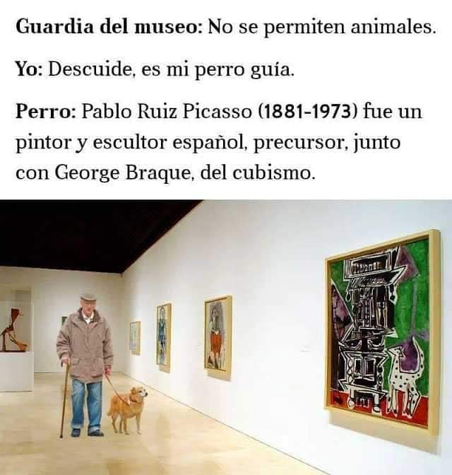 Guardia del museo: No se permiten animales.  Yo: Descuide, es mi perro guía.  Perro: Pablo Ruiz Picasso (1881-1973) fue un pintor y escultor español, precursor, junto con George Braque, del cubismo.