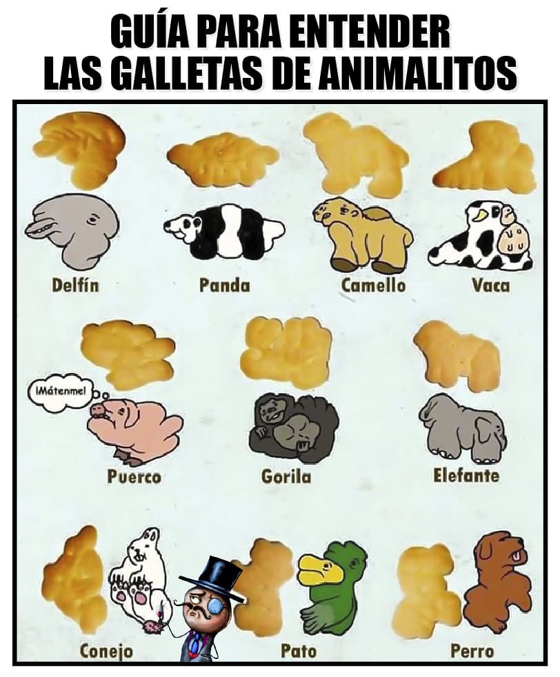 Guía para entender las galletas de animalitos: Delfín. Panda. Camello. Vaca. Puerco (¡Mátenme!). Gorila. Elefante. Conejo. Pato. Perro.