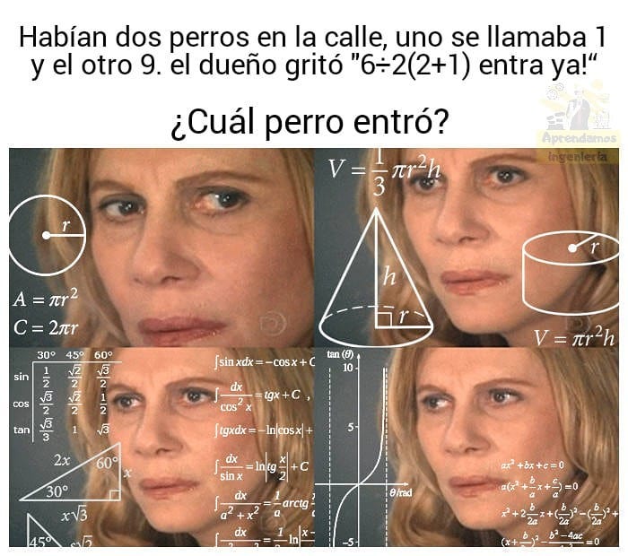 Habían dos perros en la calle, uno se llamaba 1 y el otro 9. El dueño gritó "6÷2(2+1) entra ya!"  ¿Cuál perro entró?