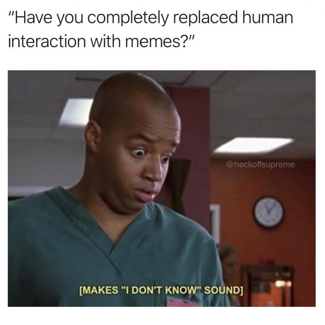 "Have you completely replaced human interaction with memes?"  [Makes "I don't know" sound]