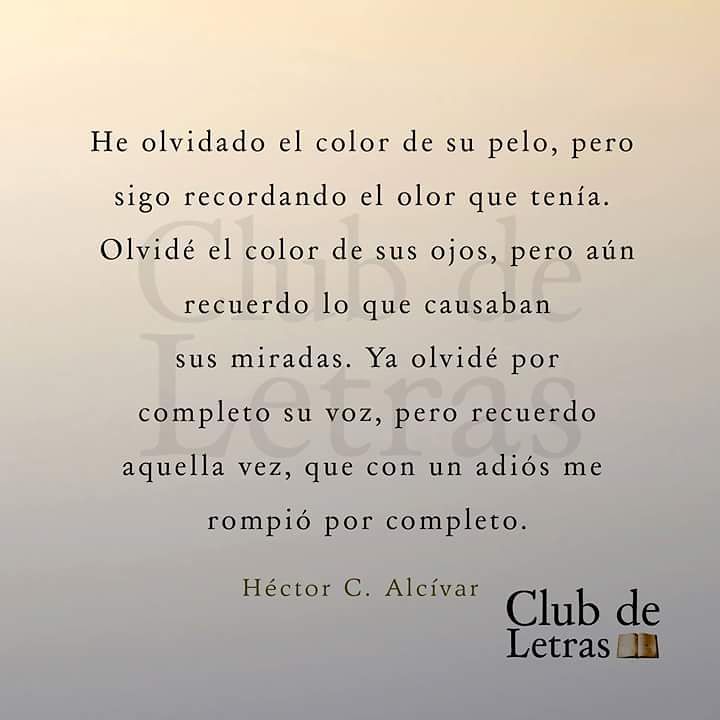 He olvidado el color de su pelo, pero sigo recordando el olor que tenía. Olvidé el color de sus ojos, pero aún recuerdo lo que causaban sus miradas. Ya olvidé por completo su voz, pero recuerdo aquella vez, que con un adiós me rompió completo.