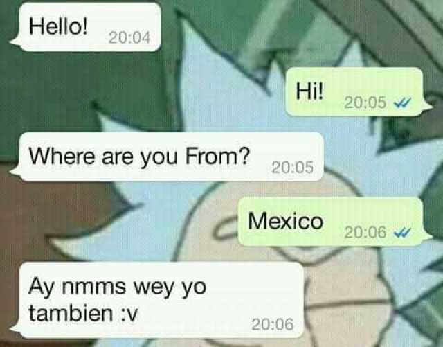 Hello!  Hi!  Where are you From?  Mexico.  Ay nmms wey yo tambien :v