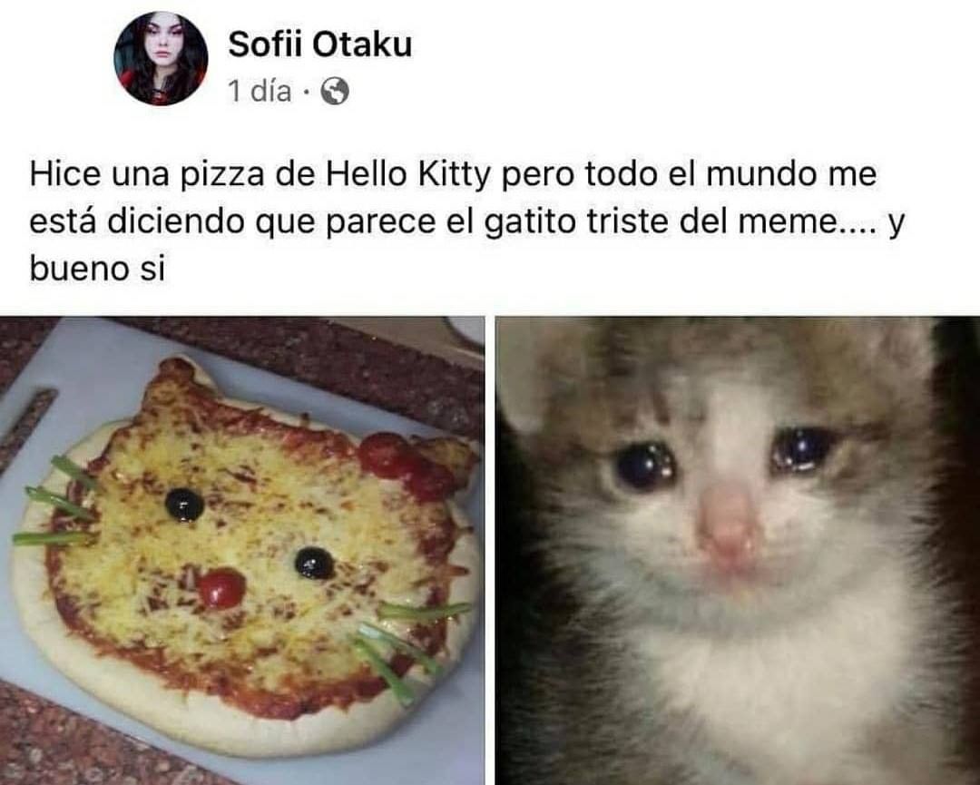 Hice una pizza de Hello Kitty pero todo el mundo me está diciendo que parece el gatito triste del meme.... y bueno si.