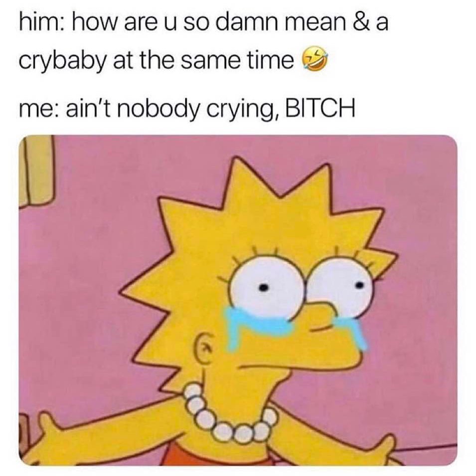 Him: How are u so damn mean & a crybaby at the same time. Me: Ain't nobody crying, bitch.