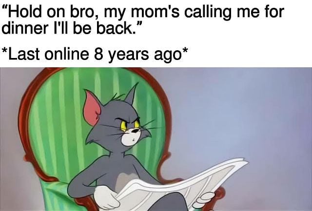 "Hold on bro, my mom's calling me for dinner I'll be back." *Last online 8 years ago*