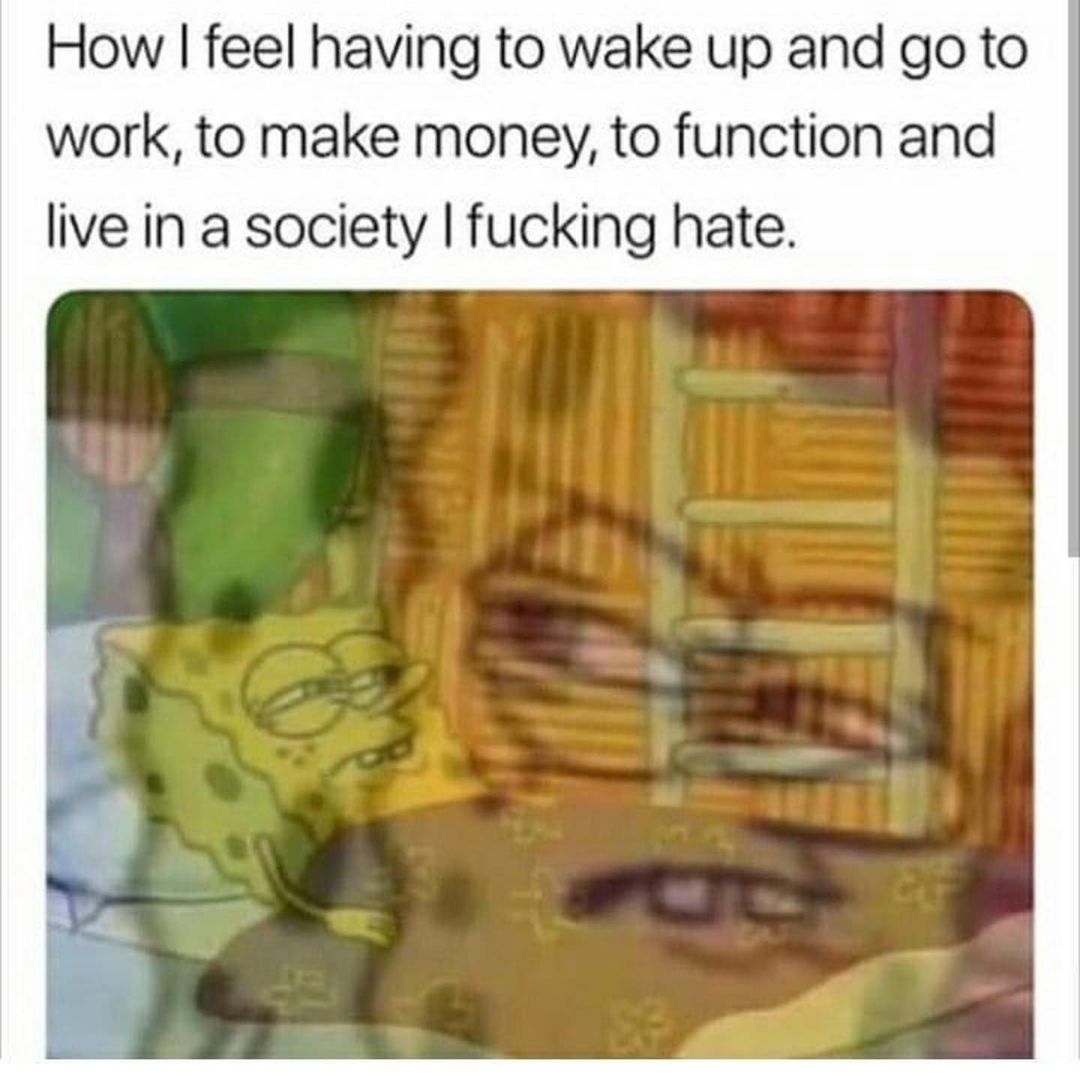 How I feel having to wake up and go to work, to make money, to function and live in a society I fucking hate.