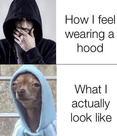 How I feel wearing a hood. What I actually look like.