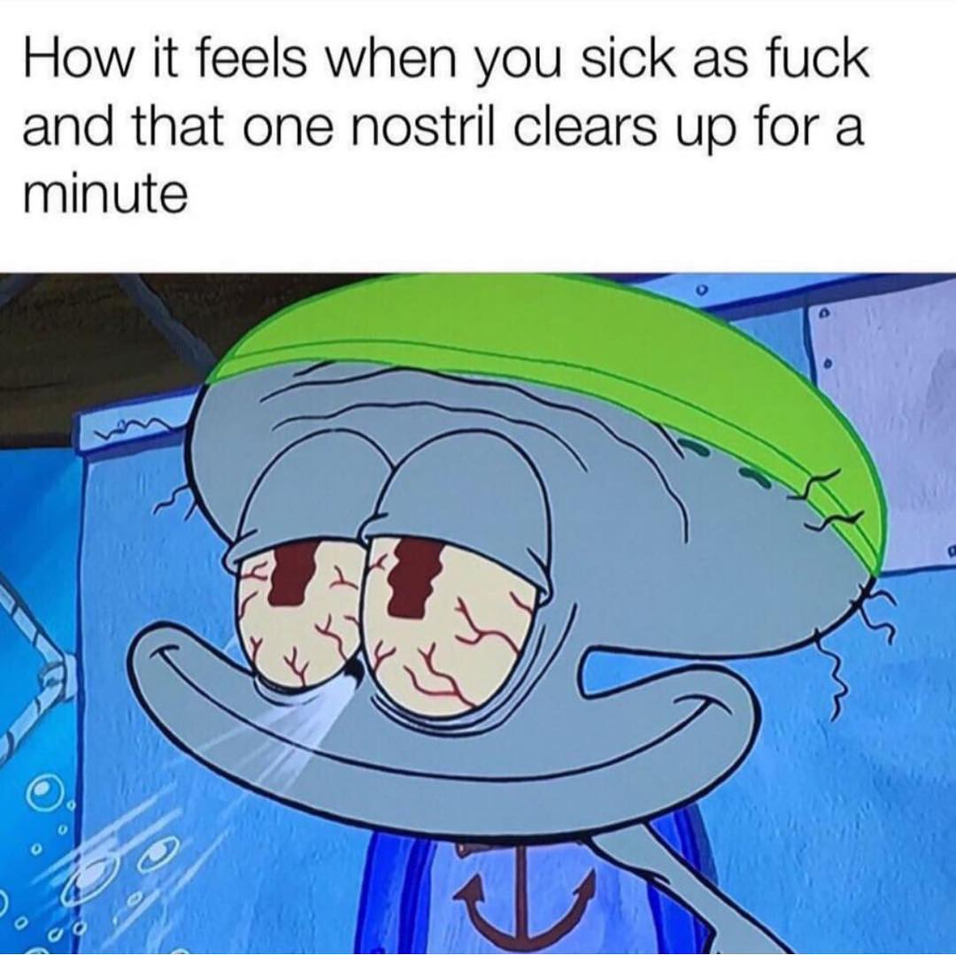How it feels when you sick as f ck and that one nostril clears up for a minute.