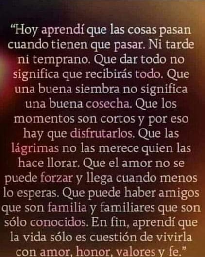 Hoy aprendí que las cosas pasan cuando tienen que pasar. Ni tarde ni temprano. Que dar todo no significa que recibirás todo. Que una buena siembra no significa una buena cosecha. Que los momentos son cortos y por eso hay que disfrutarlos. Que las lágrimas no las merece quien las hace llorar. Que el amor no se puede forzar y llega cuando menos lo esperas. Que puede haber amigos que son familia y familiares que son sólo conocidos. En fin, aprendí que la vida sólo es cuestión de vivirla con amor, honor, valores y fe.