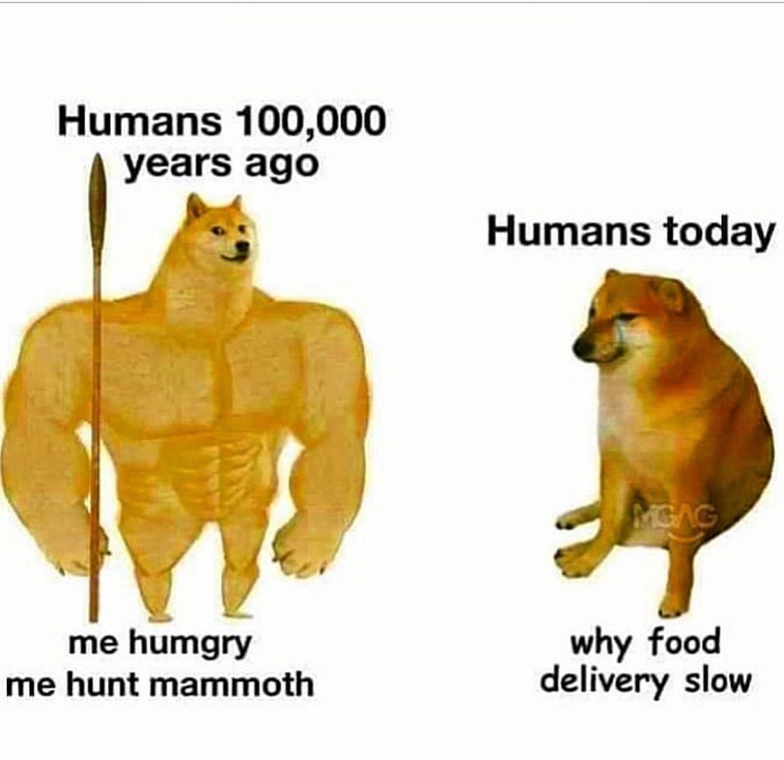 Humans 100,000 years ago: Me humgry me hunt mammoth. Humans today: Why food delivery slow.