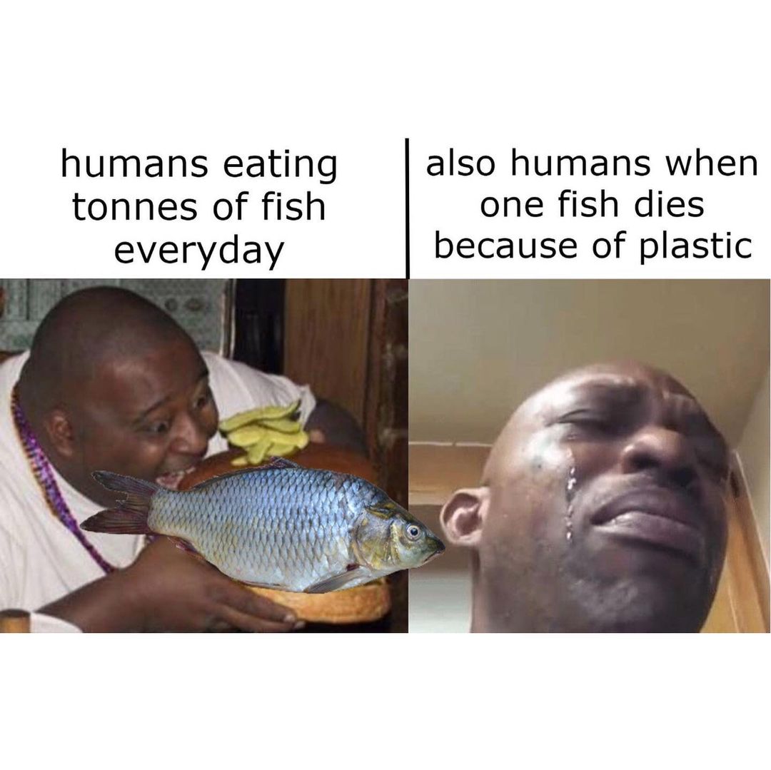 Humans eating tonnes of fish every day... also humans when one fish dies because of plastic.