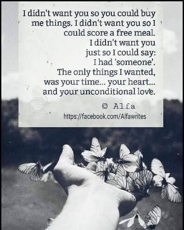 I didn't want you so you could buy me things. I didn't want you so I could score a free meaL I didn't want you just so I could say. I had 'someone'. The only things I wanted, was your time... your heart... and your unconditional love.