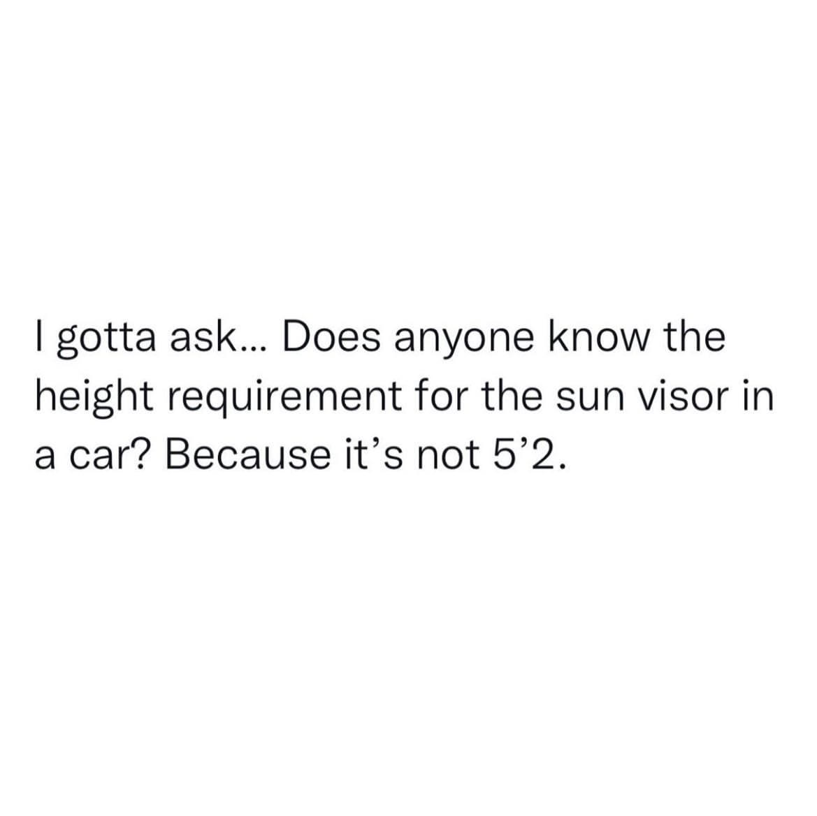 I gotta ask... Does anyone know the height requirement for the sun visor in a car? Because it's not 5'2.
