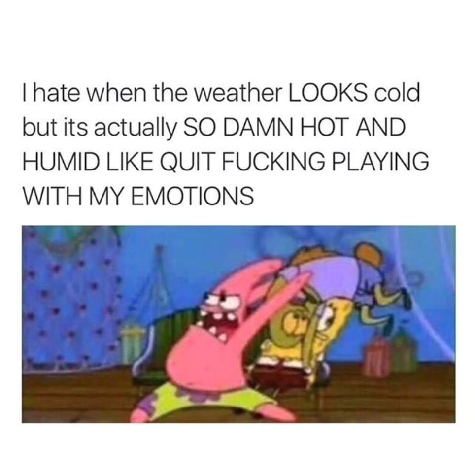 I hate when the weather looks cold but its actually so damn hot and humid like quit fucking playing with my emotions.