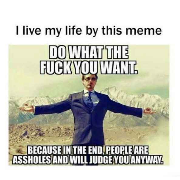 I live my life by this meme.  Do what the fuck you want. Because in the end, people are assholes and will judge you anyway.