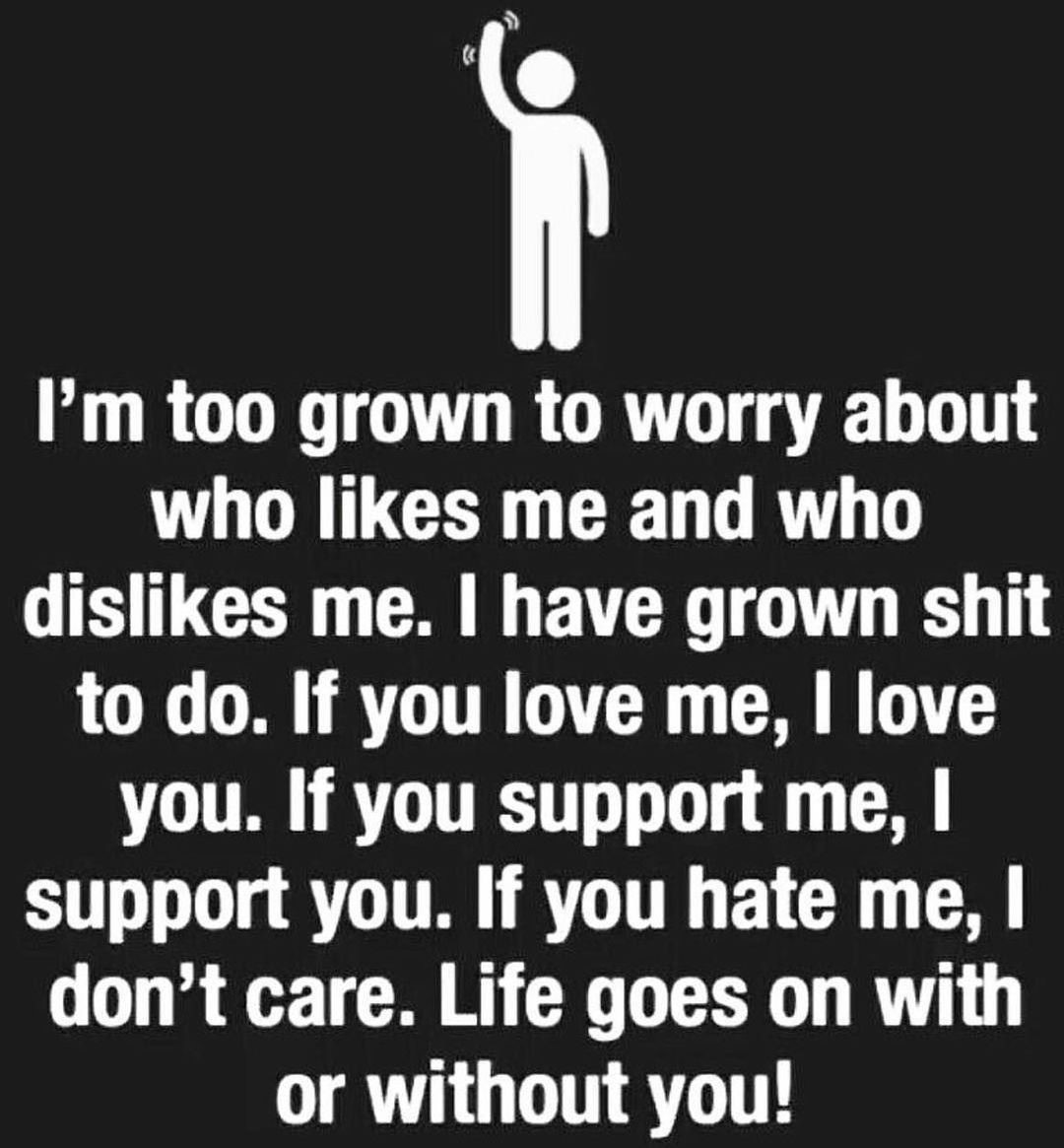 I'm too grown to worry about who likes me and who dislikes me. I have grown shit to do. If you love me, I love you. If you support me, I support you. If you hate me, I don't care. Life goes on with or without you!