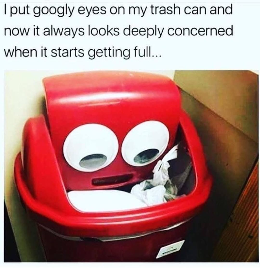 I put googly eyes on my trash can and now it always looks deeply concerned when it starts getting full...