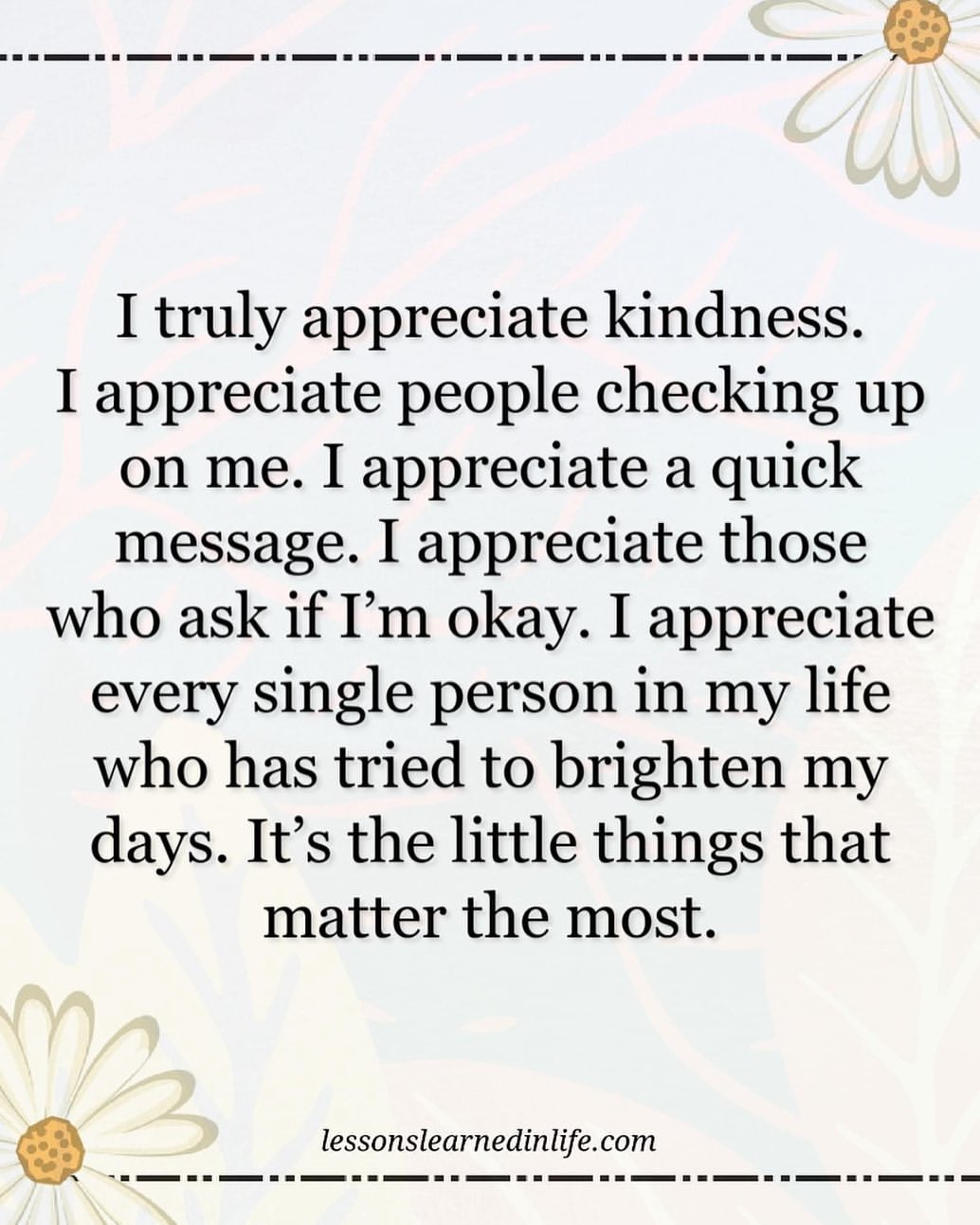 I truly appreciate kindness. I appreciate people checking up on me. I appreciate a quick message. I appreciate those who ask if I'm okay. I appreciate every single person in my life who has tried to brighten my days. It's the little things that matter the most.