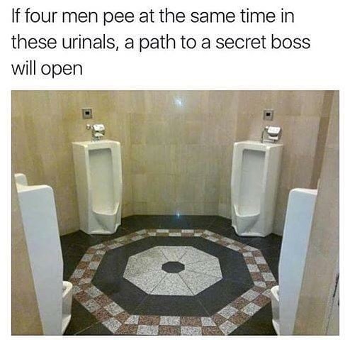 If four men pee at the same time in these urinals, a path to a secret boss will open.