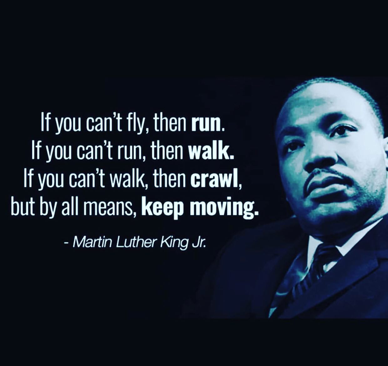 If you can't fly, then run. If you can't run, then walk. If you can't walk, then crawl, but by all means, keep moving. Martin Luther King Jr.