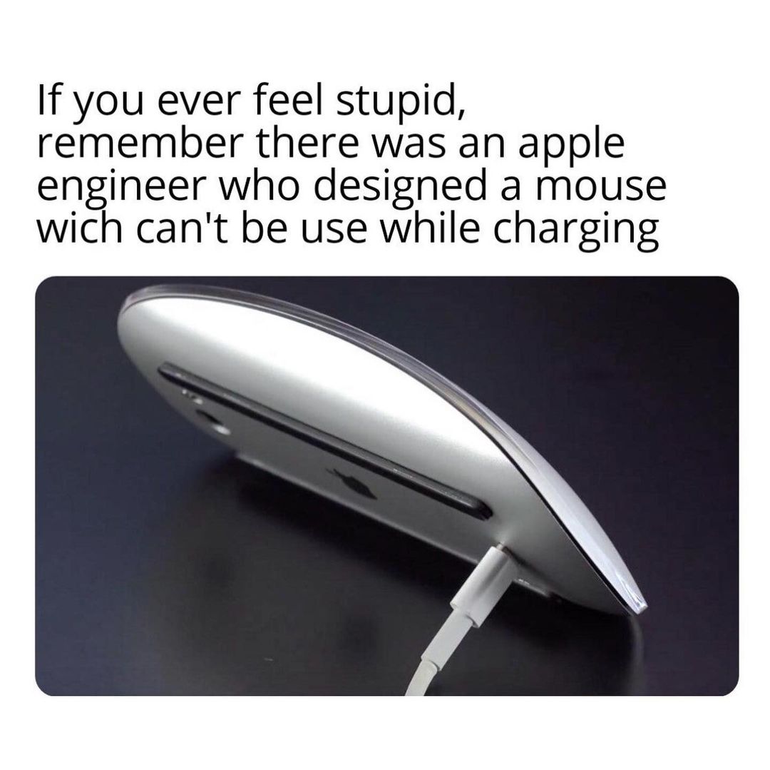 If you ever feel stupid, remember there was an apple engineer who designed a mouse Wich can't be use while charging.