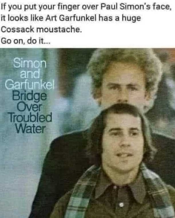 If you put your finger over Paul Simon's face, it looks like Art Garfunkel has a huge Cossack moustache. Go on. do it...