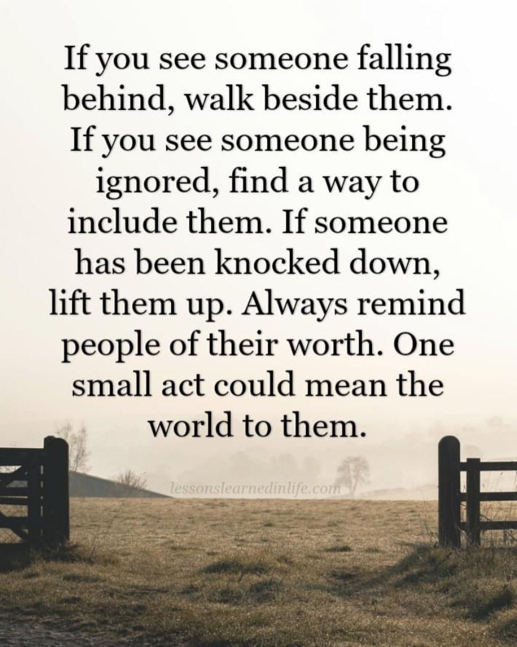 If you see someone falling behind, walk beside them. If you see someone being ignored, find a way to include them. If someone has been knocked down, lift them up. Always remind people of their worth. One small act could mean the world to them.