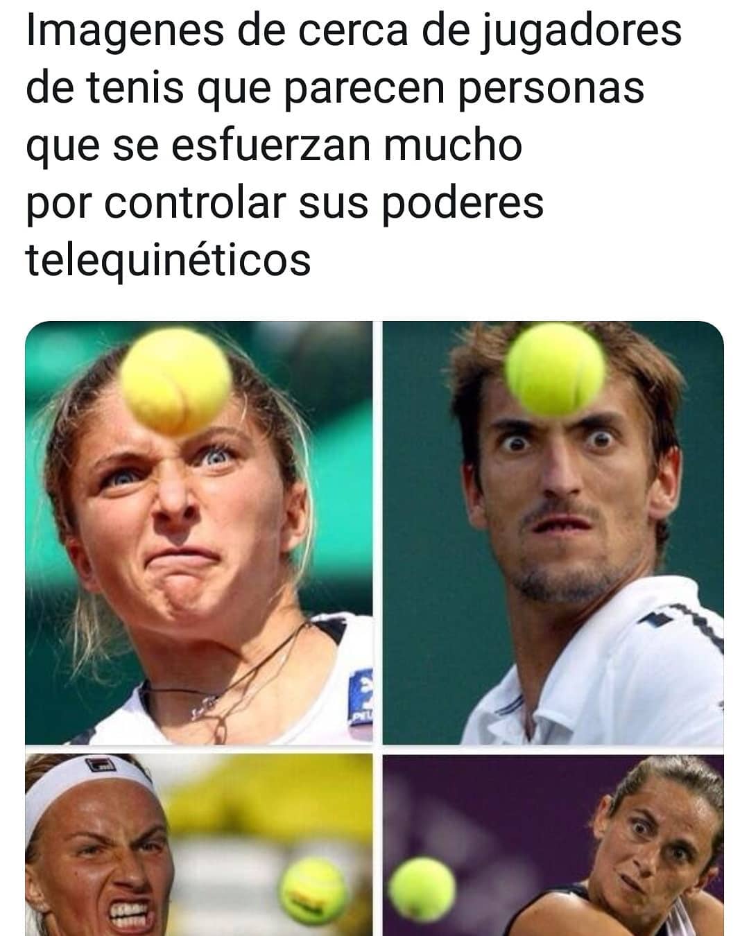 Imágenes de cerca de jugadores de tenis que parecen personas que se esfuerzan mucho por controlar sus poderes telequinéticos.