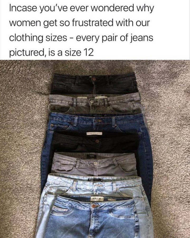 Incase you've ever wondered why women get so frustrated with our clothing sizes - every pair of jeans pictured, is a size 12.