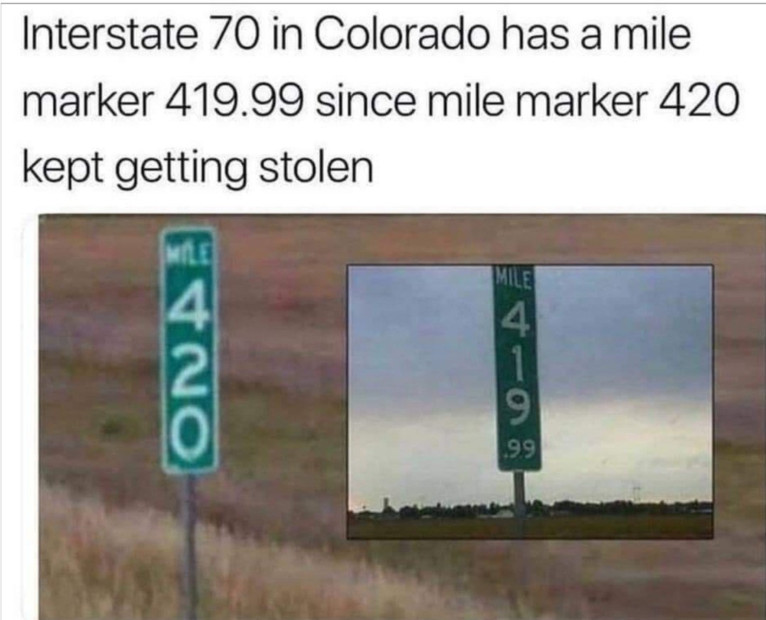 Interstate 70 in Colorado has a mile marker 419.99 since mile marker 420 kept getting stolen.