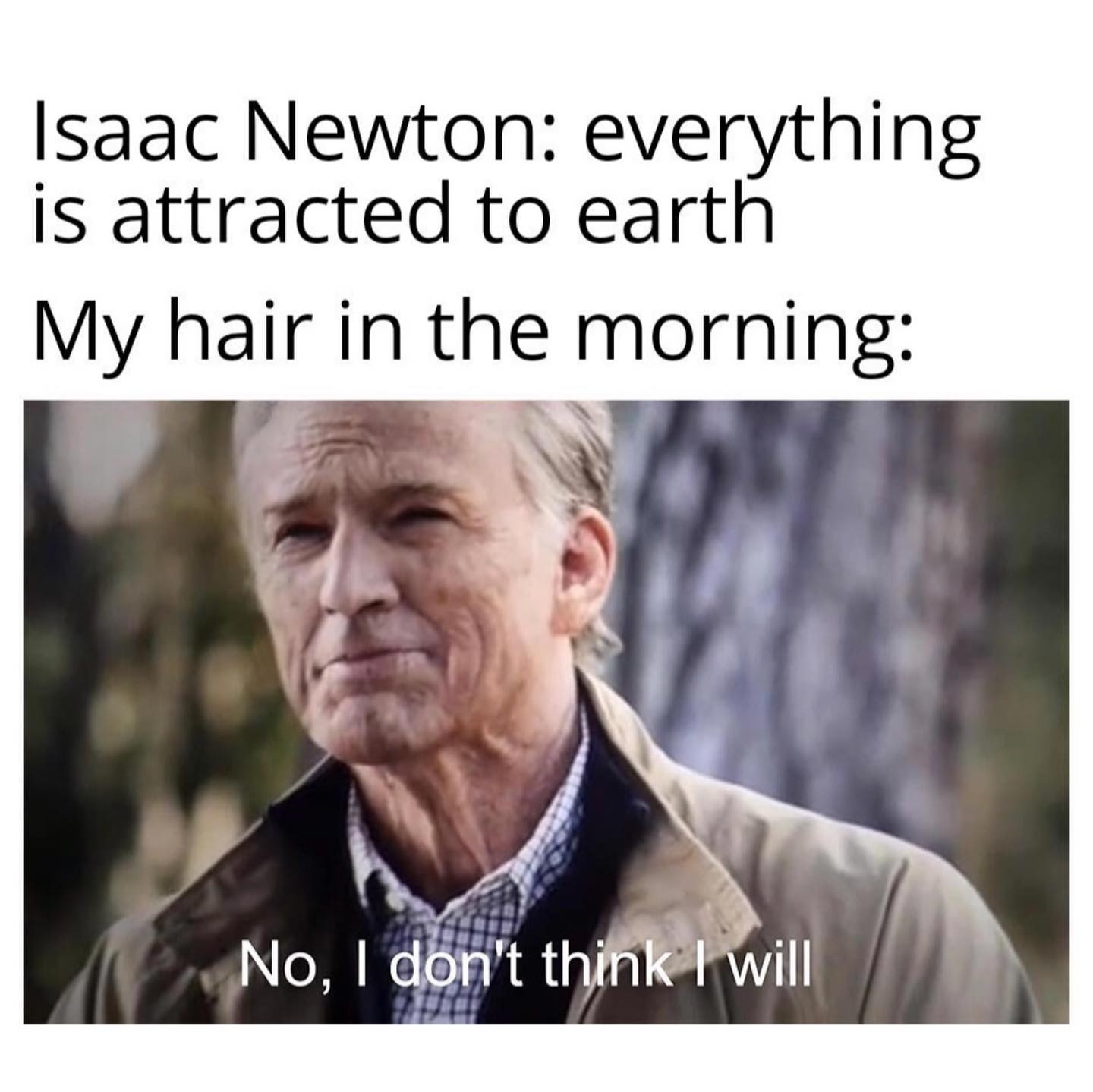 Isaac Newton: Everything is attracted to earth. My hair in the morning: No, I don't think I will.