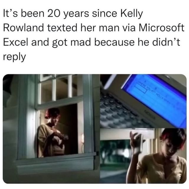 It's been 20 years since Kelly Rowland texted her man via Microsoft Excel and got mad because he didn't reply.