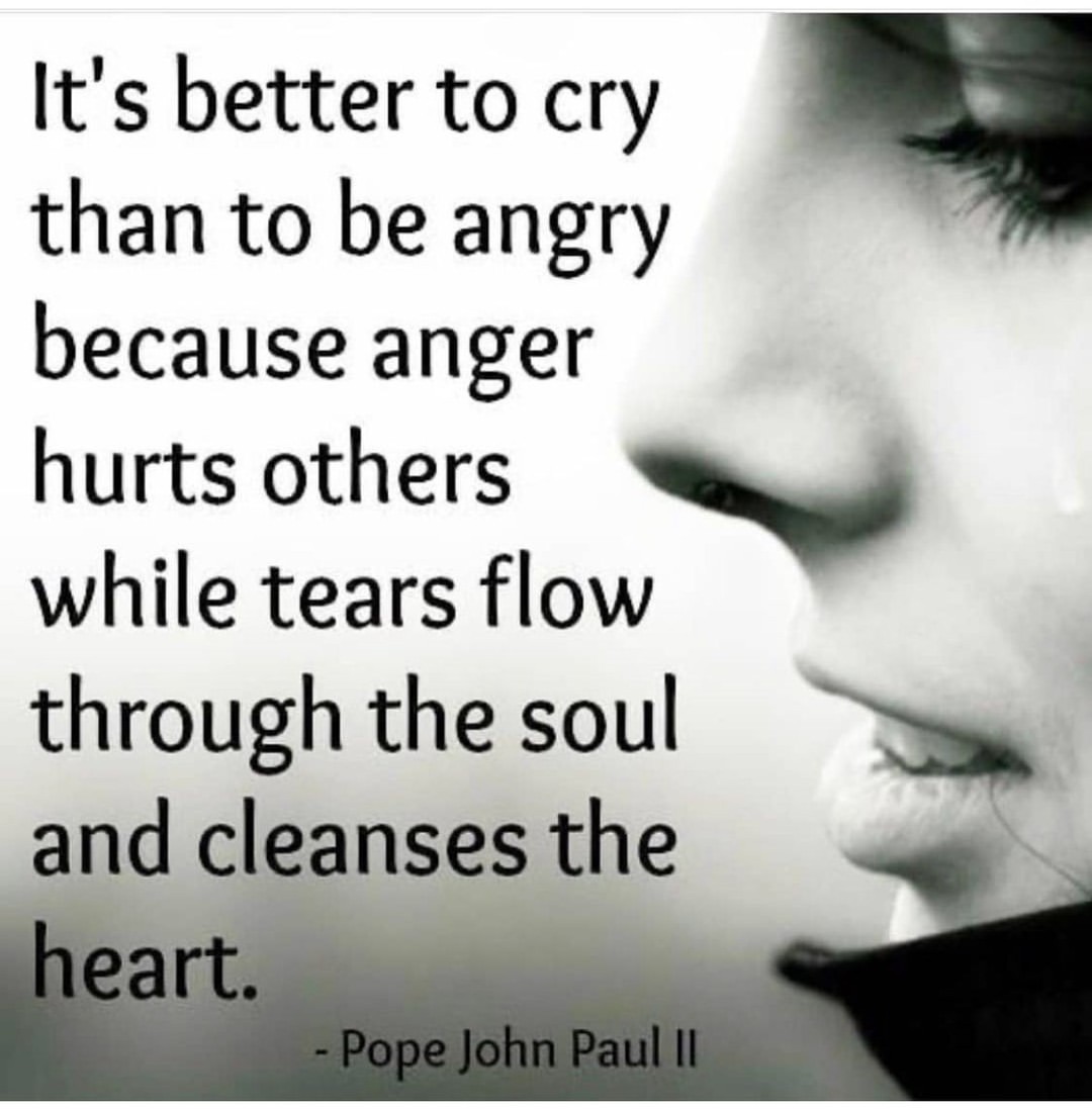 It's better to cry than to be angry because anger hurts others while tears flow through the soul and cleanses the heart. Pope John Paul II.