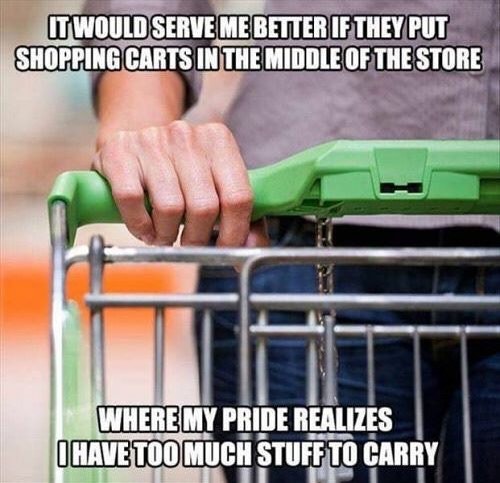 It would serve me better if they put shopping carts in the middle of the store. Where my pride realizes I have too much stuff to carry.