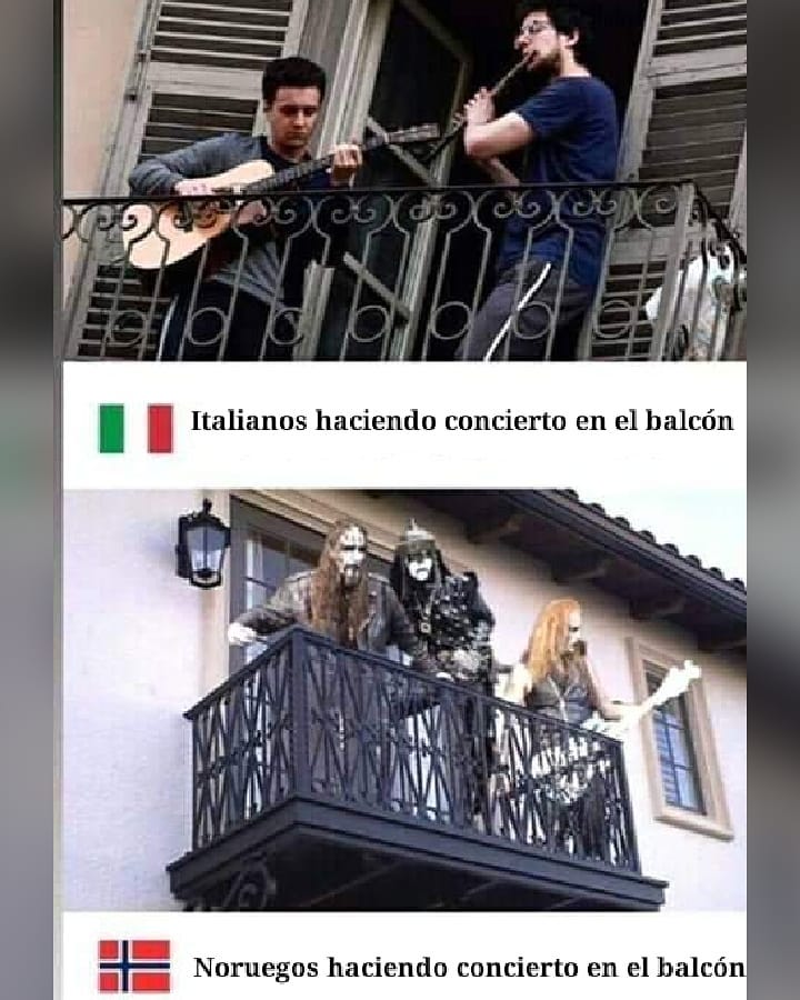 Italianos haciendo concierto en el balcón.  Noruegos haciendo concierto en el balcón.