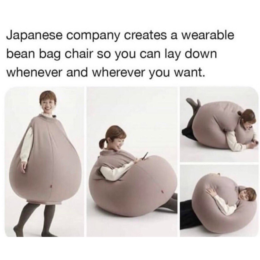 Japanese company creates a wearable bean bag chair so you can lay down whenever and wherever you want.